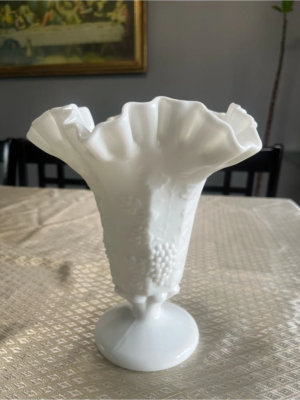 White Ruffled Pedestal Milk Glass Vase - Classic Home Accent